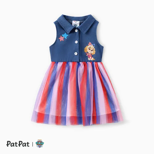 Paw Patrol Toddler Girls Dia da Independência 1pc Personagem Print Imitação jeans Cotton Mesh Sleeveless Polo Dress