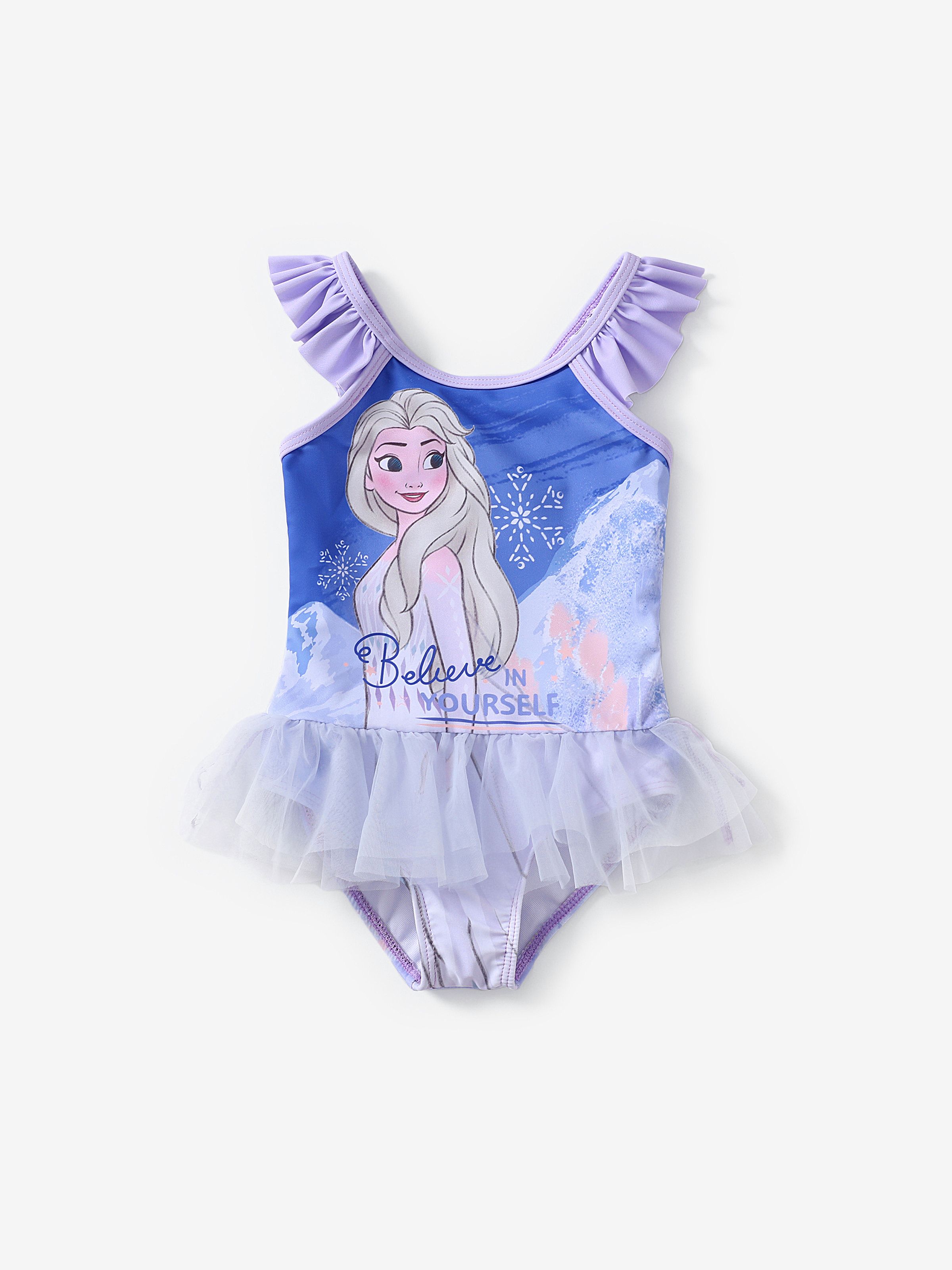 Disney Frozen Toddler Girls Elsa 1件角色印花荷葉邊袖網眼泳衣