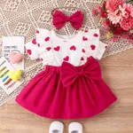 2件 嬰兒 布料拼接 甜美 短袖 連衣裙 玫紅色