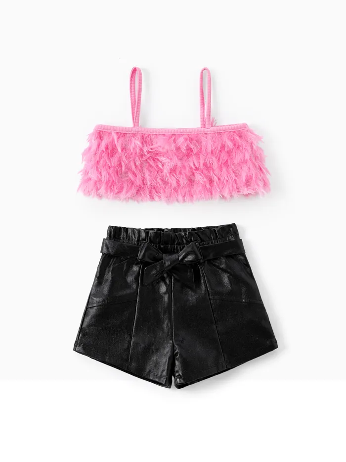 Toddler/Kid Girl 2pcs Colheita de penas Camisole e Shorts de couro Set
