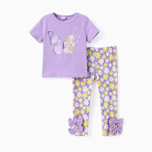 Niño pequeño / niña 2pcs Camiseta con estampado de mariposa dulce y conjunto de leggings de margarita pequeña