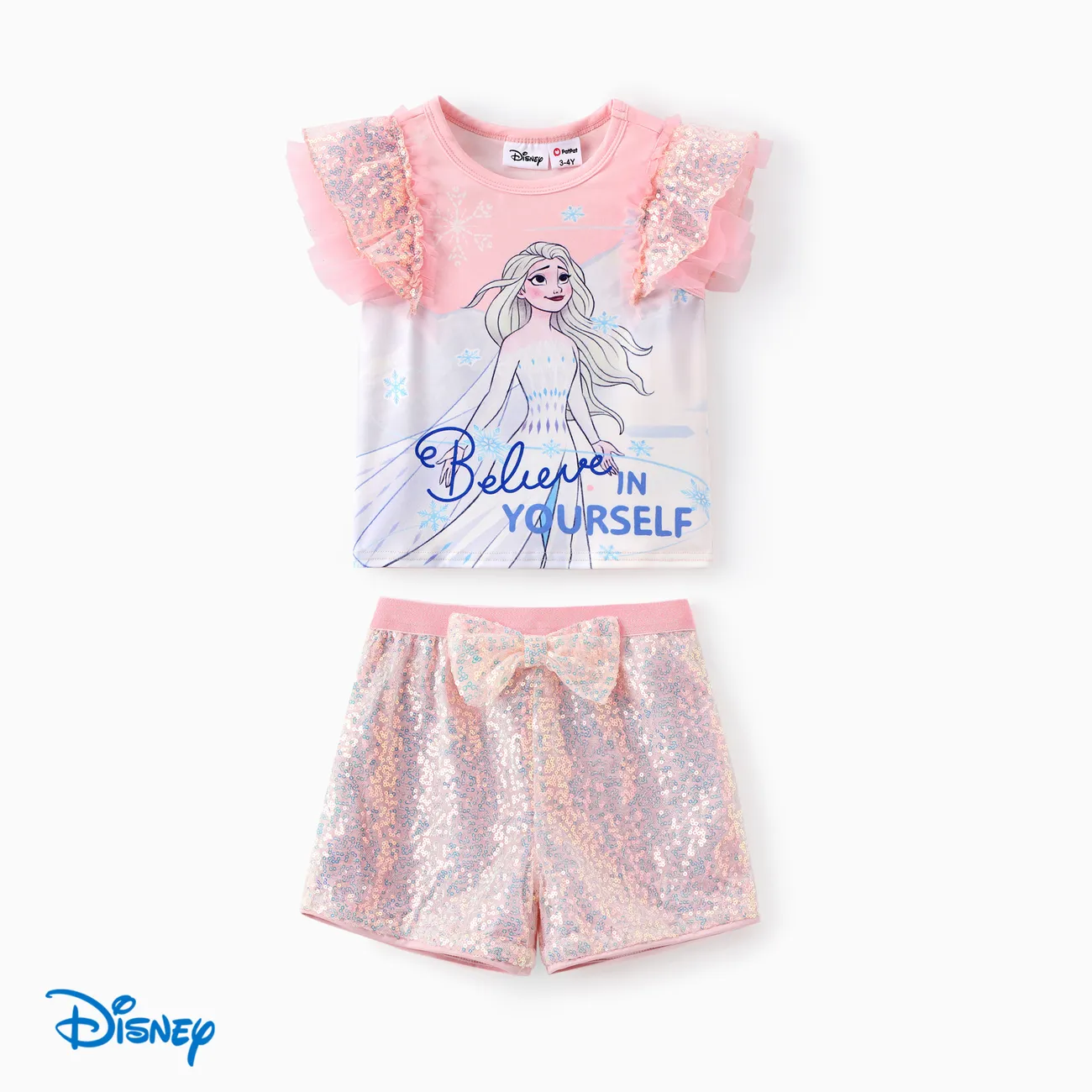 Disney Frozen Toddler Girls Elsa 2pc Naia™ Character Letter Print Sequins Flutter-sleeve Top with Sequins Bowknot Shorts Set Pink big image 1