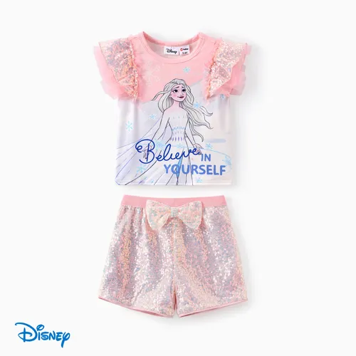 Disney Frozen Toddler Girls Elsa 2pc Naia™ Character Letter Print Glitter Haut à manches flottantes avec paillettes Bowknot Shorts Set