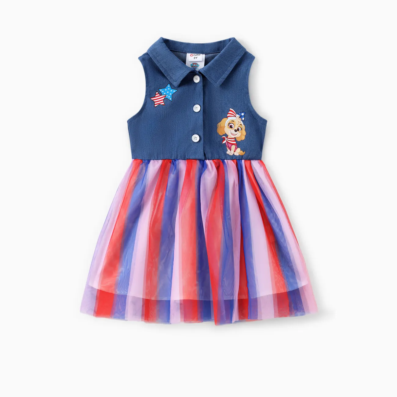 Paw Patrol Toddler Girls Independence Day 1pc Character Print Imitation denim Cotton Mesh Sleeveless Polo Dress Blue big image 1