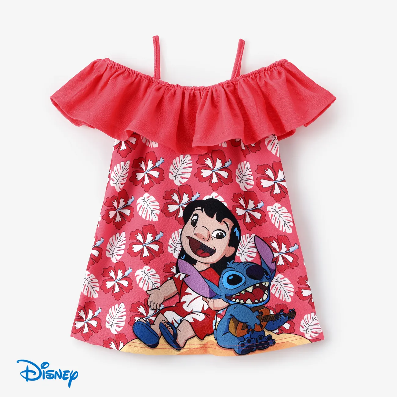Disney Stitch Toddler Girls 1pc Character Floral Hawaii Style Print with Ruffle Off-shoulder Dress Red big image 1