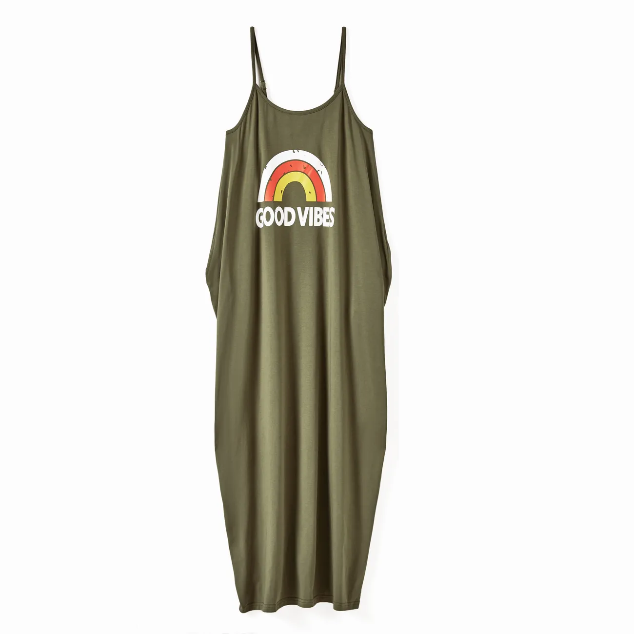 Mommy and Me Rainbow Graphic 'GOOD VIBES' Front Dress with Pockets Army green big image 1