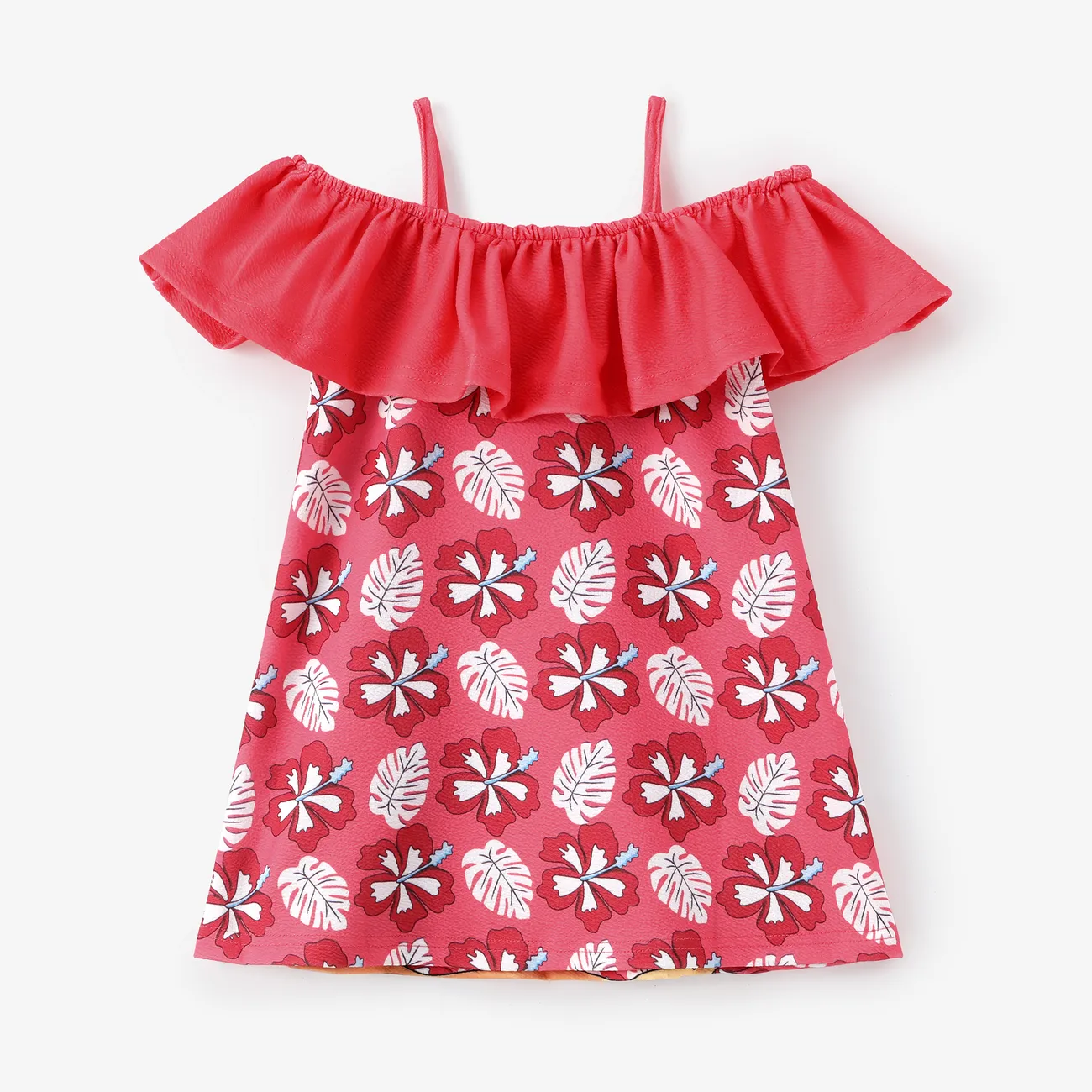 Disney Stitch Toddler Girls 1pc Character Floral Hawaii Style Print with Ruffle Off-shoulder Dress Red big image 1