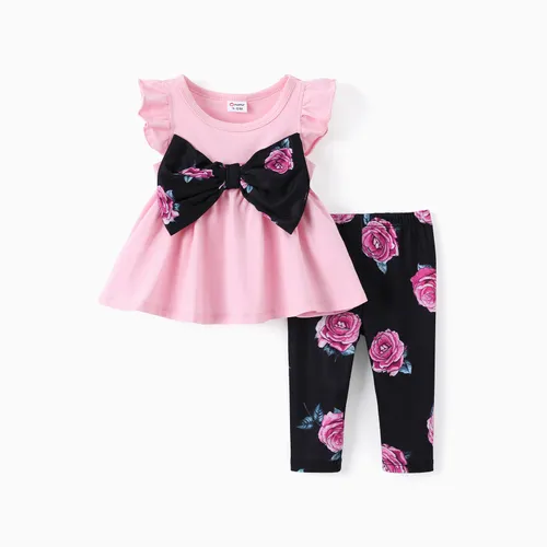 Bebé/Niña Pequeña 2pcs Top de manga ondulada dulce Bowknot y conjunto de leggings con estampado floral