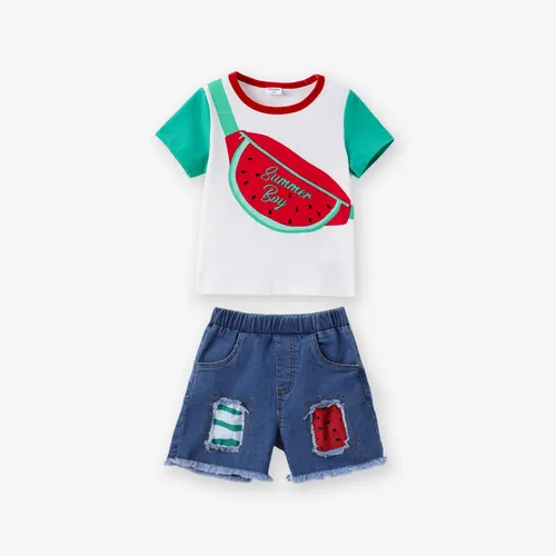 Kleinkind-Junge 2-teiliges T-Shirt mit Wassermelonendruck und kühlende Denim-zerrissene Shorts