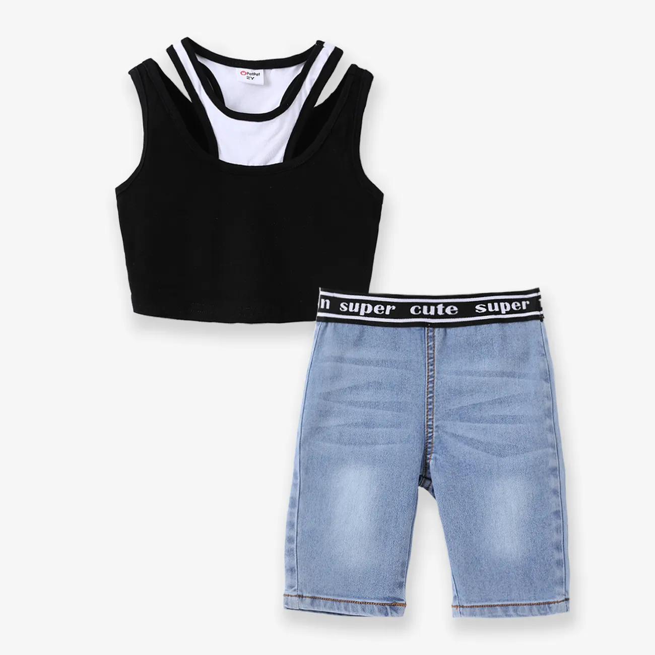 Toddler Girl 2pcs Faux-two Tank Top and Cooling Denim Shorts Set Black big image 1