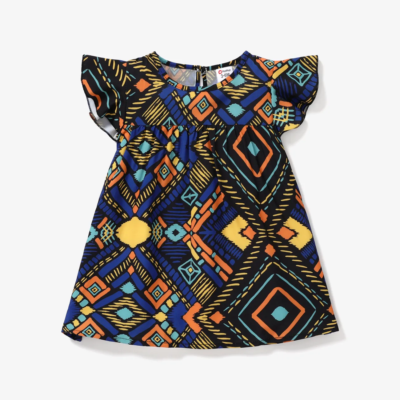 Baby Girl Allover Geometric Print Flutter-sleeve Dress Dark Blue big image 1