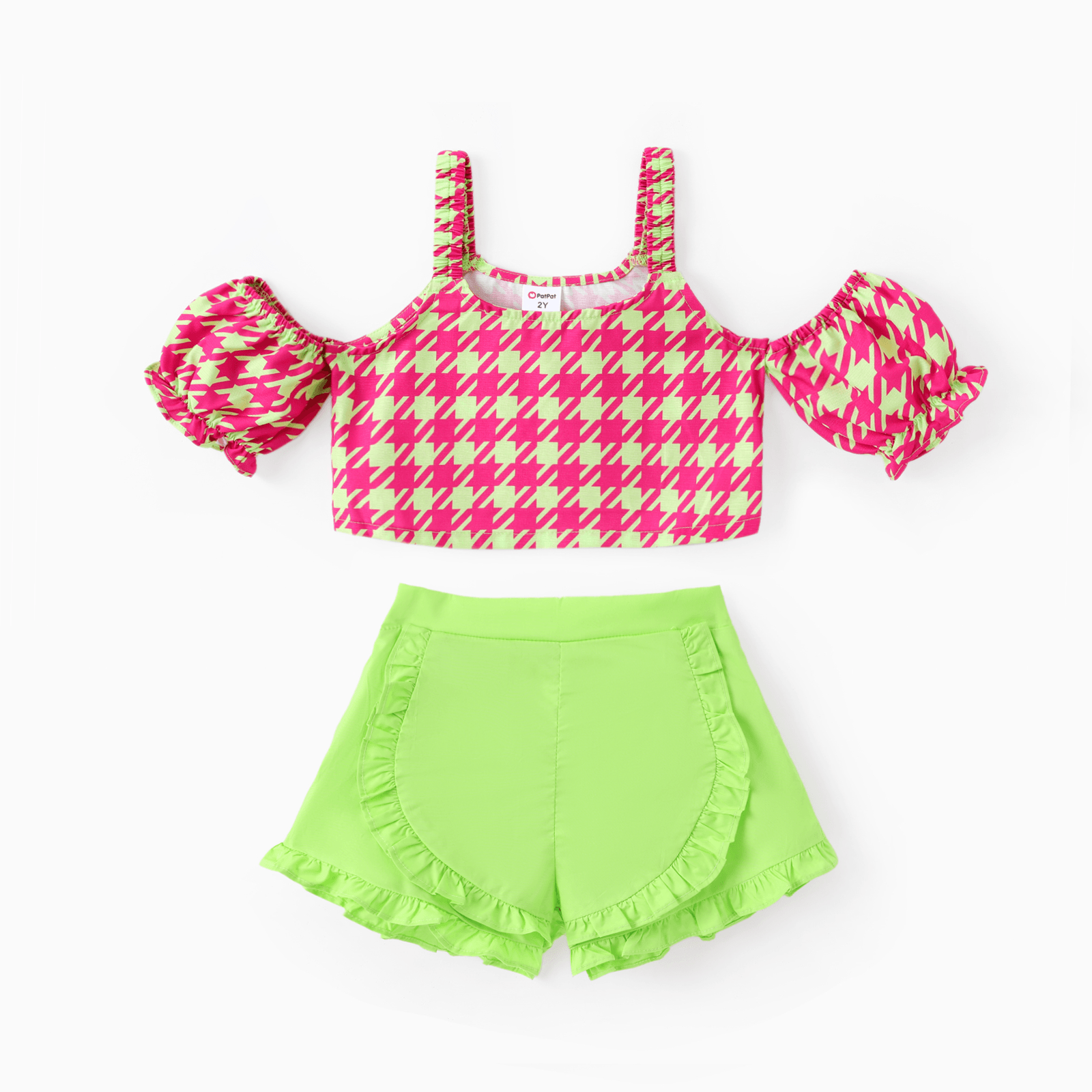

Toddler Girl 2pcs Sweet Grid Print Top and Ruffled Shorts Set