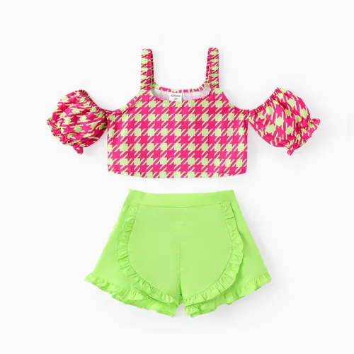 Toddler Girl 2pcs Sweet Grid Print Top and Ruffled Shorts Set