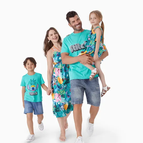 Disney Stitch Família Combinando Flor Tropical e Planta Havaí Estilo Vestido Halter Sem Mangas / Tee de Algodão