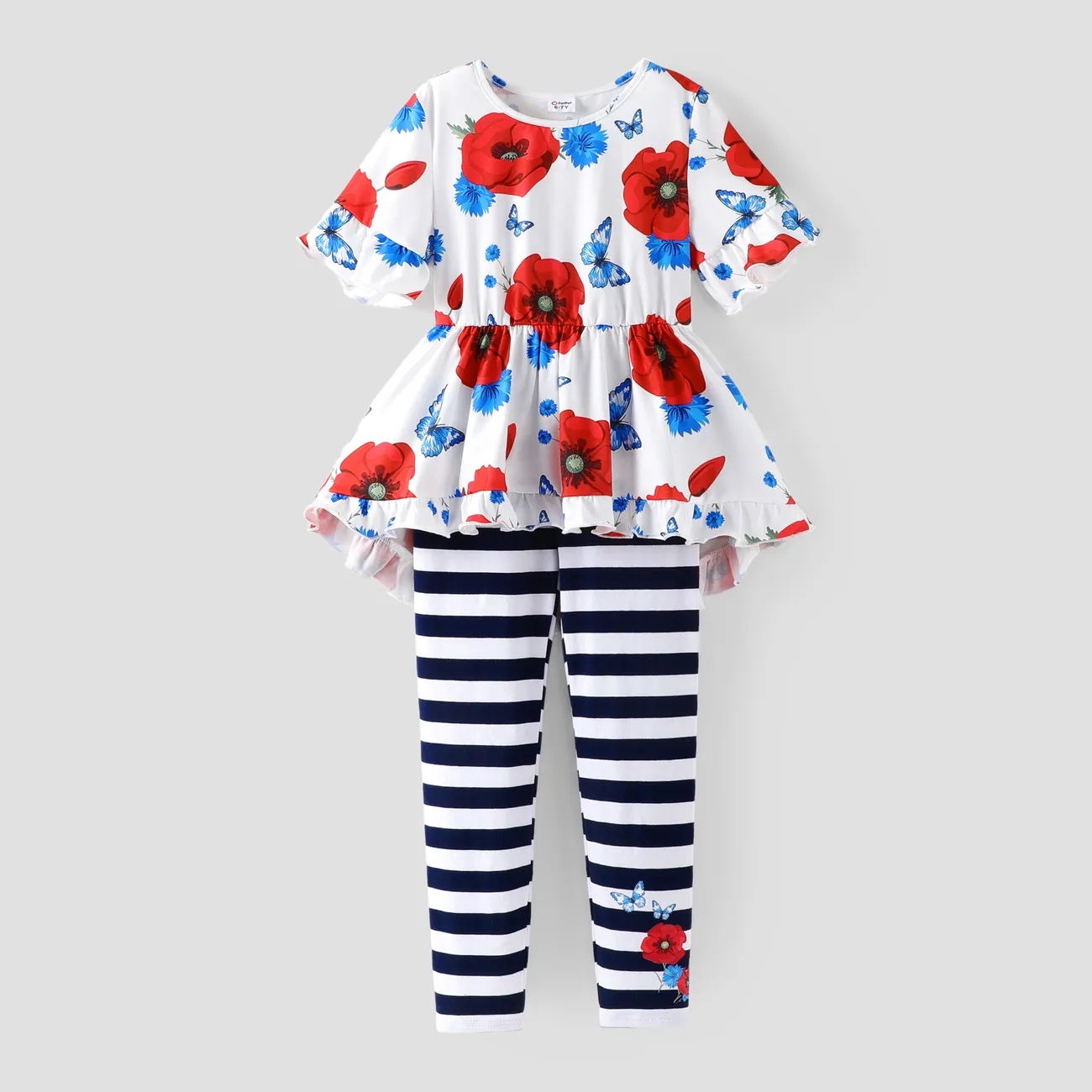 Baby/Kid 2pcs Sweet FloralTop and Striped Leggings Set Red big image 1