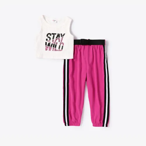 Toddler Girl 3pcs Sporty Letter Print Tank Top and Sweatpants with Belt Set
