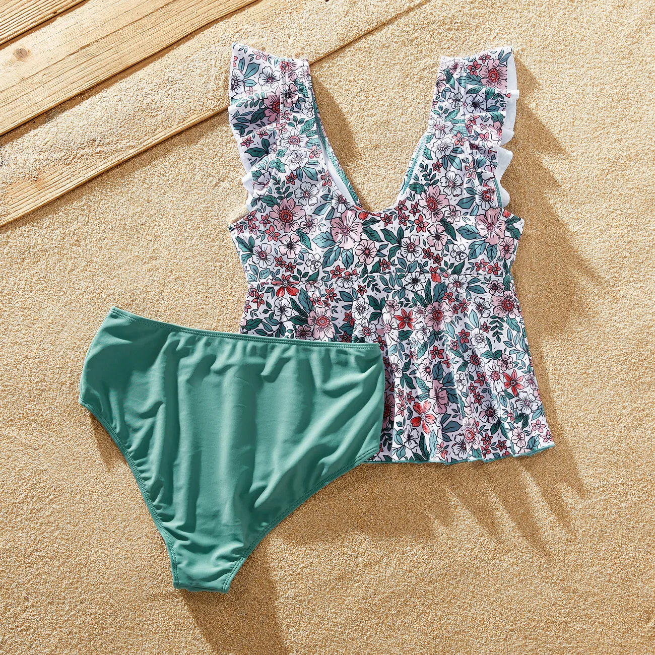 Family Matching Swimsuits Color Block Drawstring Swim Trunks or Floral Top High Waist Bottom Tankini Green big image 1