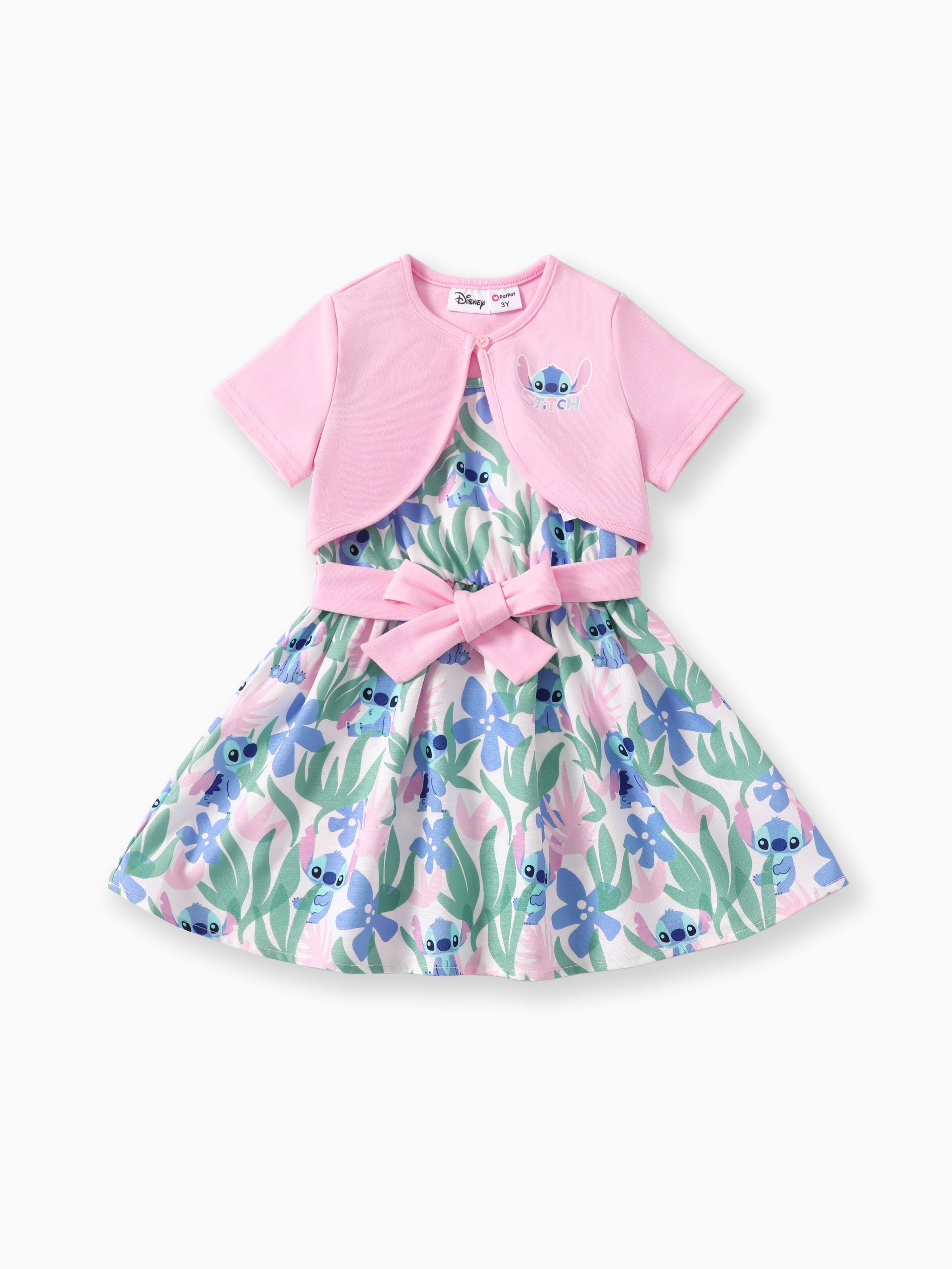 Disney Stitch Toddler Girls 2件粉紅色棉質短袖開衫搭配植物圖案無袖蝴蝶結腰部無袖連衣裙套裝