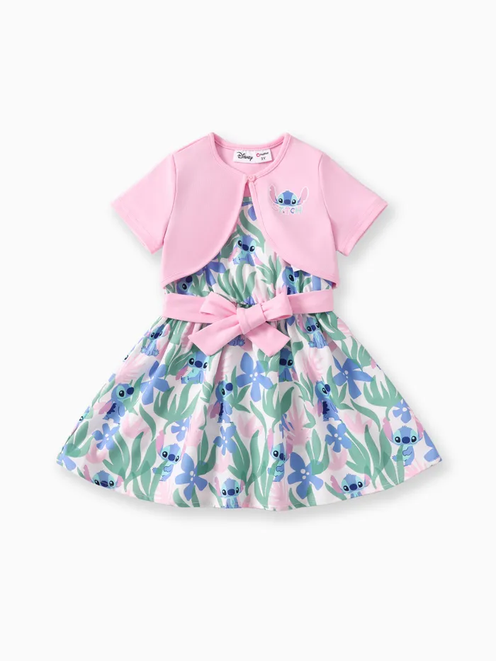 Disney Stitch Kleinkind Mädchen 2-teilige Rosa Baumwoll-Strickjacke mit kurzärmeligem Kleid mit Pflanzenmuster Ärmelloses Kleid mit Schleife und Taille