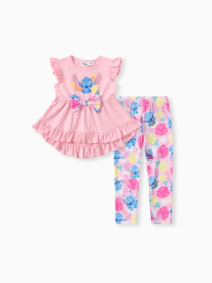 Disney Stitch Toddler Girls 2pcs Naia™ Cotton Floral Print Bow Ruffled layers Top with Leggings Set