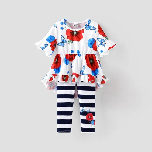 嬰兒/兒童 2 件 Sweet FloralTop 和條紋緊身褲套裝