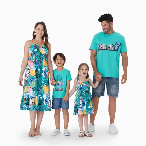 Disney Stitch Family Matching Tropical Flower and Plant Hawaii Style Sleeveless Halter Dress/Cotton Tee
