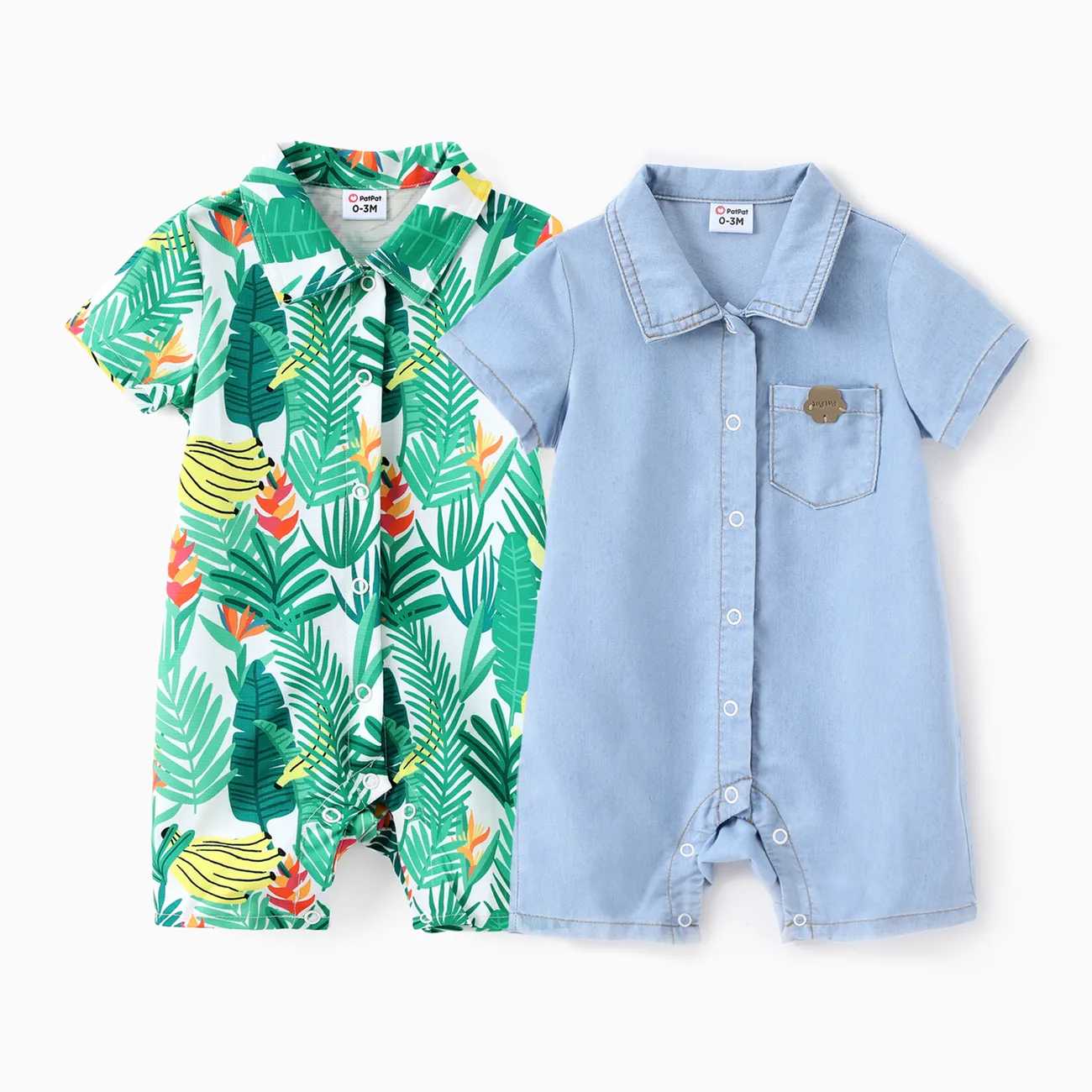 嬰兒 男 襟貼 熱帶植物花卉 休閒 短袖 連身衣 牛仔藍 big image 1