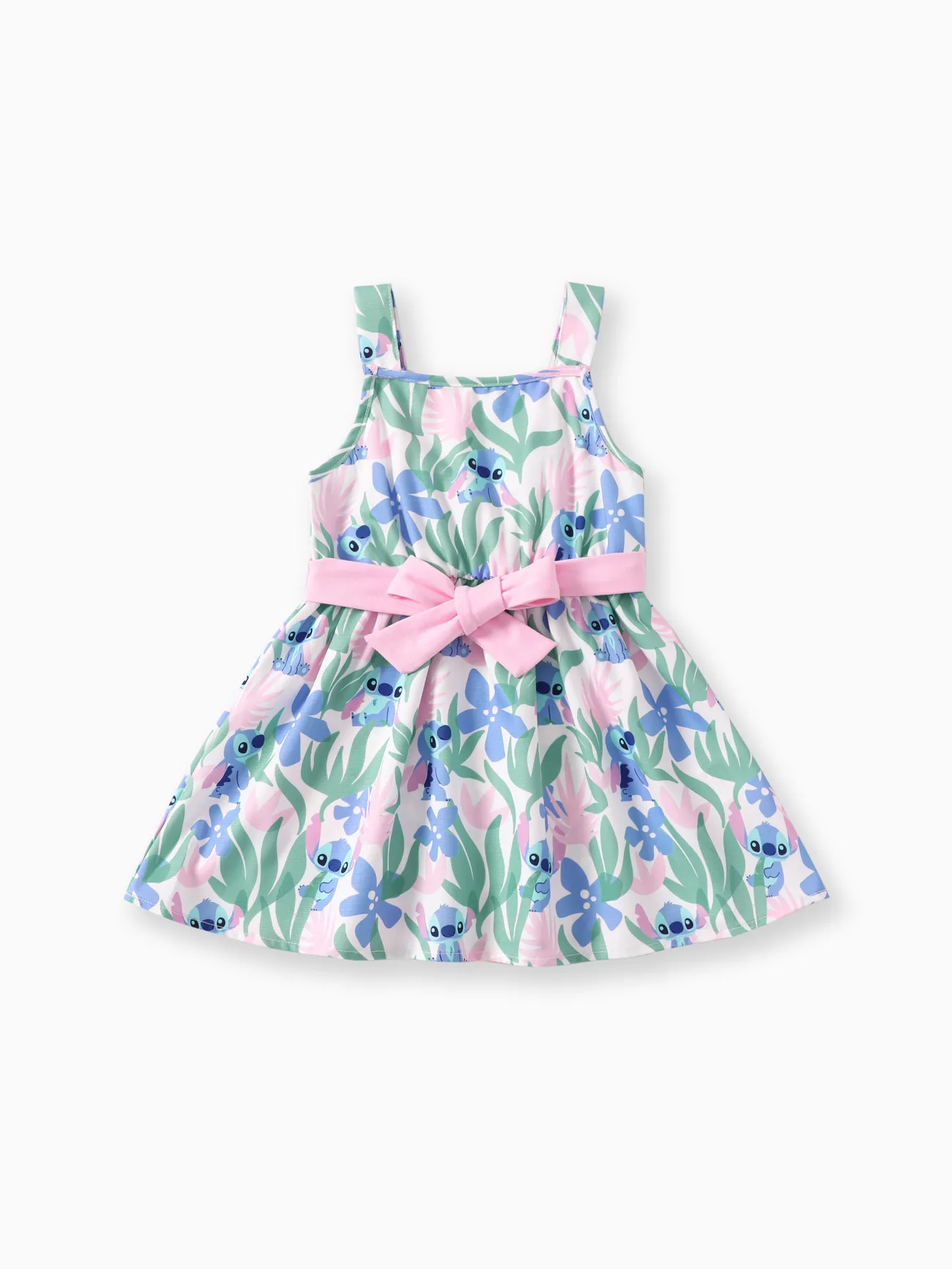 Disney Stitch Toddler Girls 2pcs Pink Cotton Short-sleeve Cardigan with Plant-patterned Sleeveless Bow-Waist Sleeveless Dress Set Color block big image 1