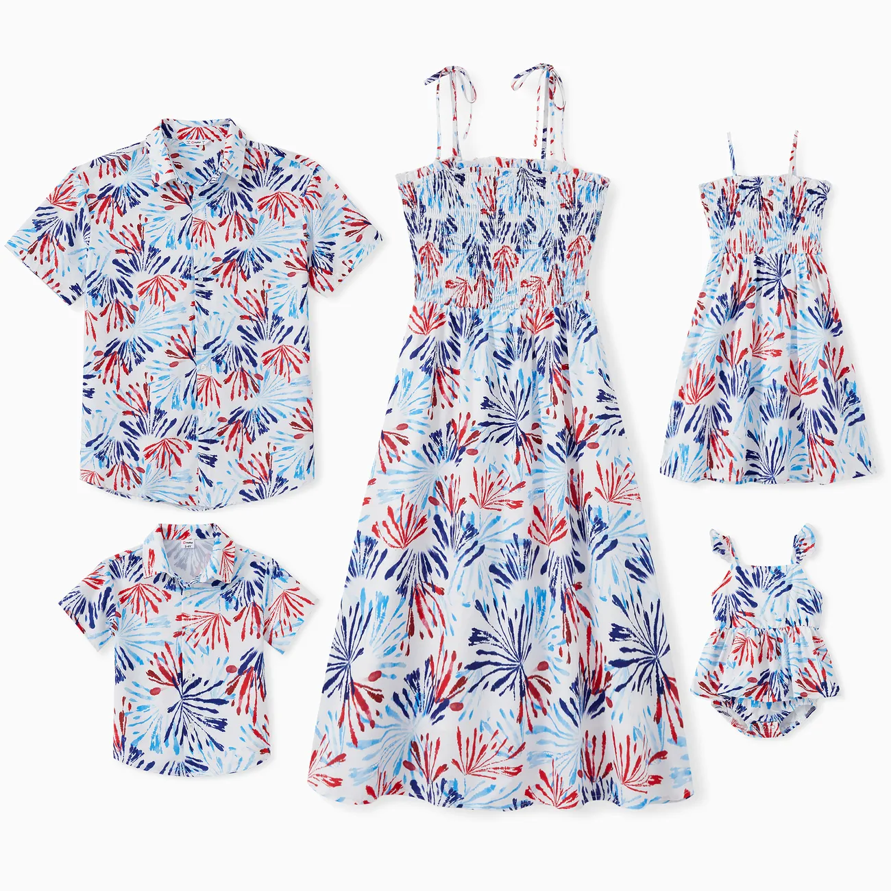 Family Matching Floral Beach Shirt and Shirred Top Tie Strap Midi Dress Sets White big image 1