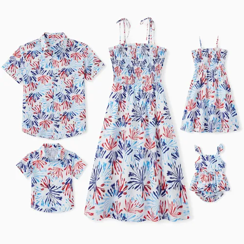 Family Matching Floral Beach Shirt and Shirred Top Tie Strap Midi Dress Sets