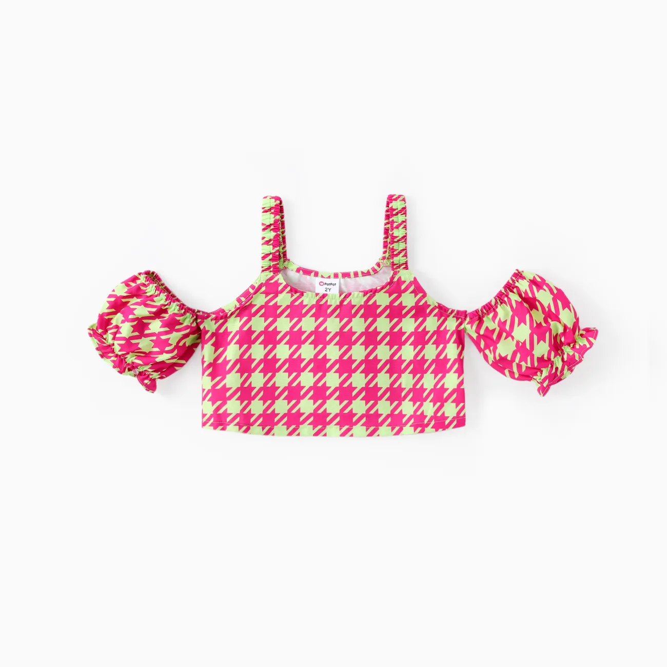 Toddler Girl 2pcs Sweet Grid Print Top and Ruffled Shorts Set ColorBlock big image 1