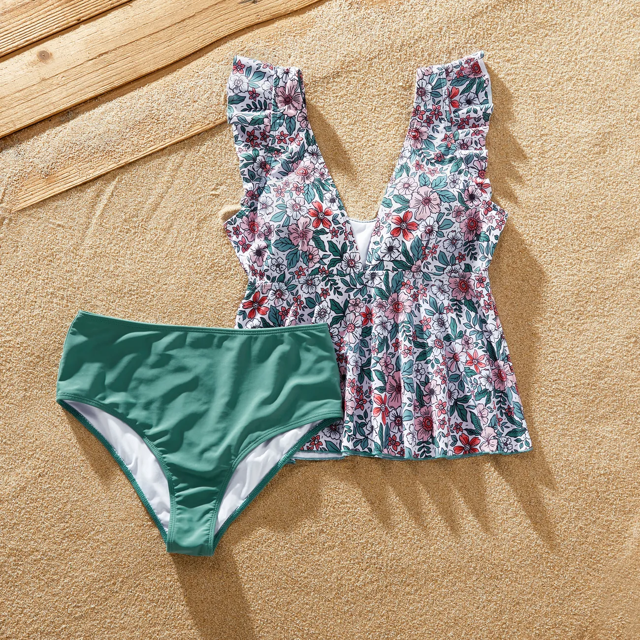 Family Matching Swimsuits Color Block Drawstring Swim Trunks or Floral Top High Waist Bottom Tankini Green big image 1