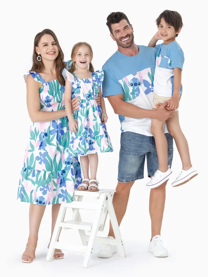 Disney Stitch Family Matching Floral Plant Print Tee/Ruffle-sleeve Dress