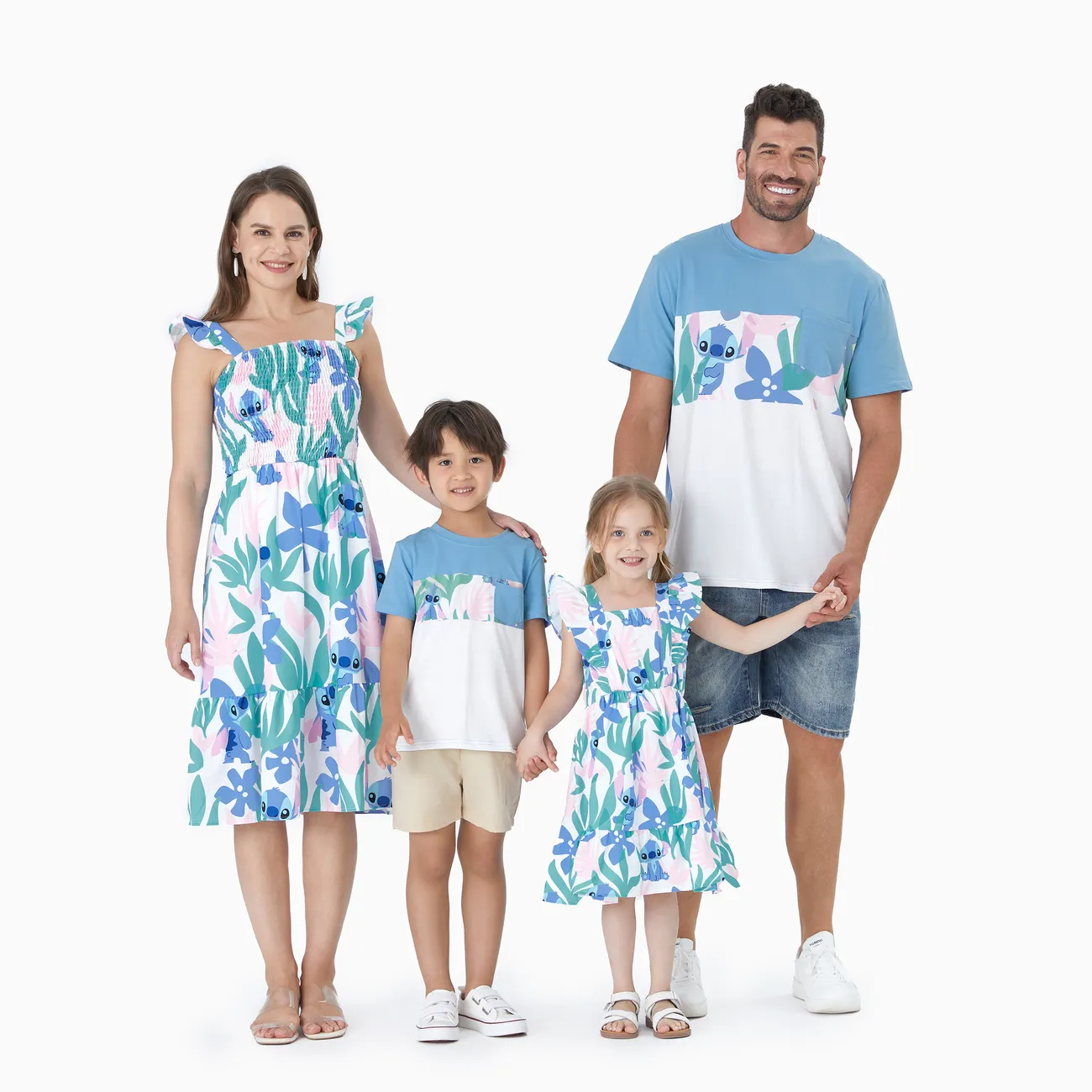 Disney Stich Familien-Looks Große Blume Kurzärmelig Familien-Outfits Sets grün big image 1