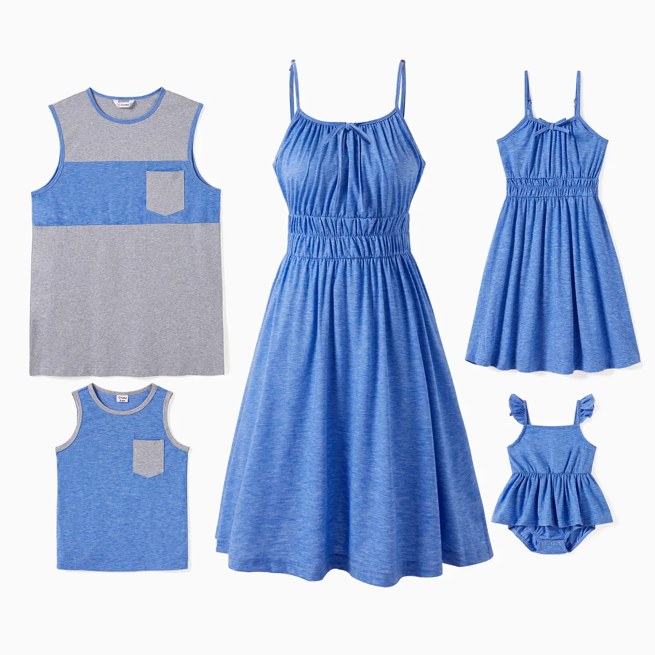 Family Matching Sets Color Block Cotton Tank Top or Solid color Ruched Bust Cinched Waist Dress Blue big image 1