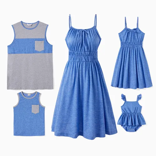 Familien-Matching-Sets: Farbblock-Baumwoll-Tanktop oder einfarbiges Kleid mit geraffter Brust und geschlossener Taille
