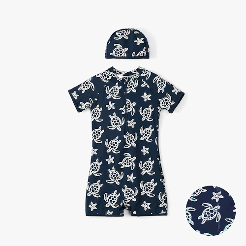 Kid Boy/Girl 2pcs Marine Animal Print Swimsuit with Swimming Cap