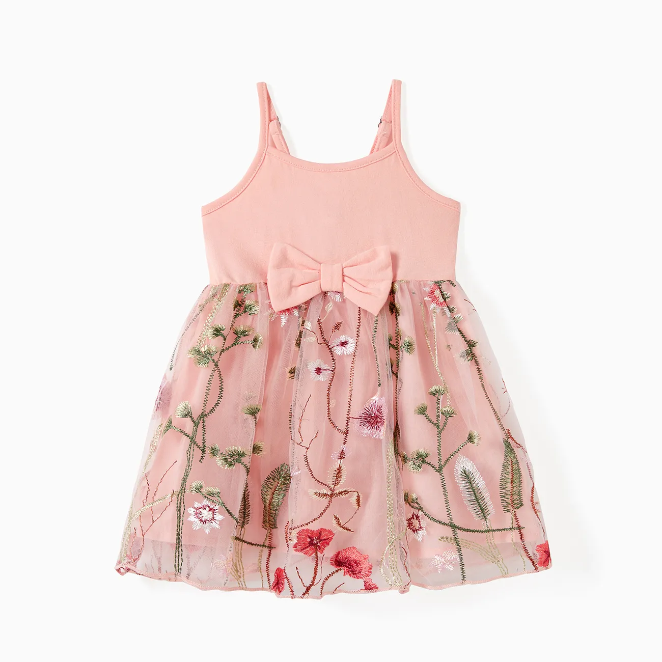 Family Matching Solid Color/ Raglan Sleeves Tee and Pink Cami Embroidered Tulle Strap Dress Sets Pink big image 1
