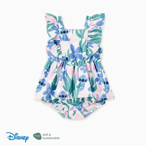 Família Disney Combinando Floral Planta Stitch Estampa Tee/Ruffle-sleeve Vestido