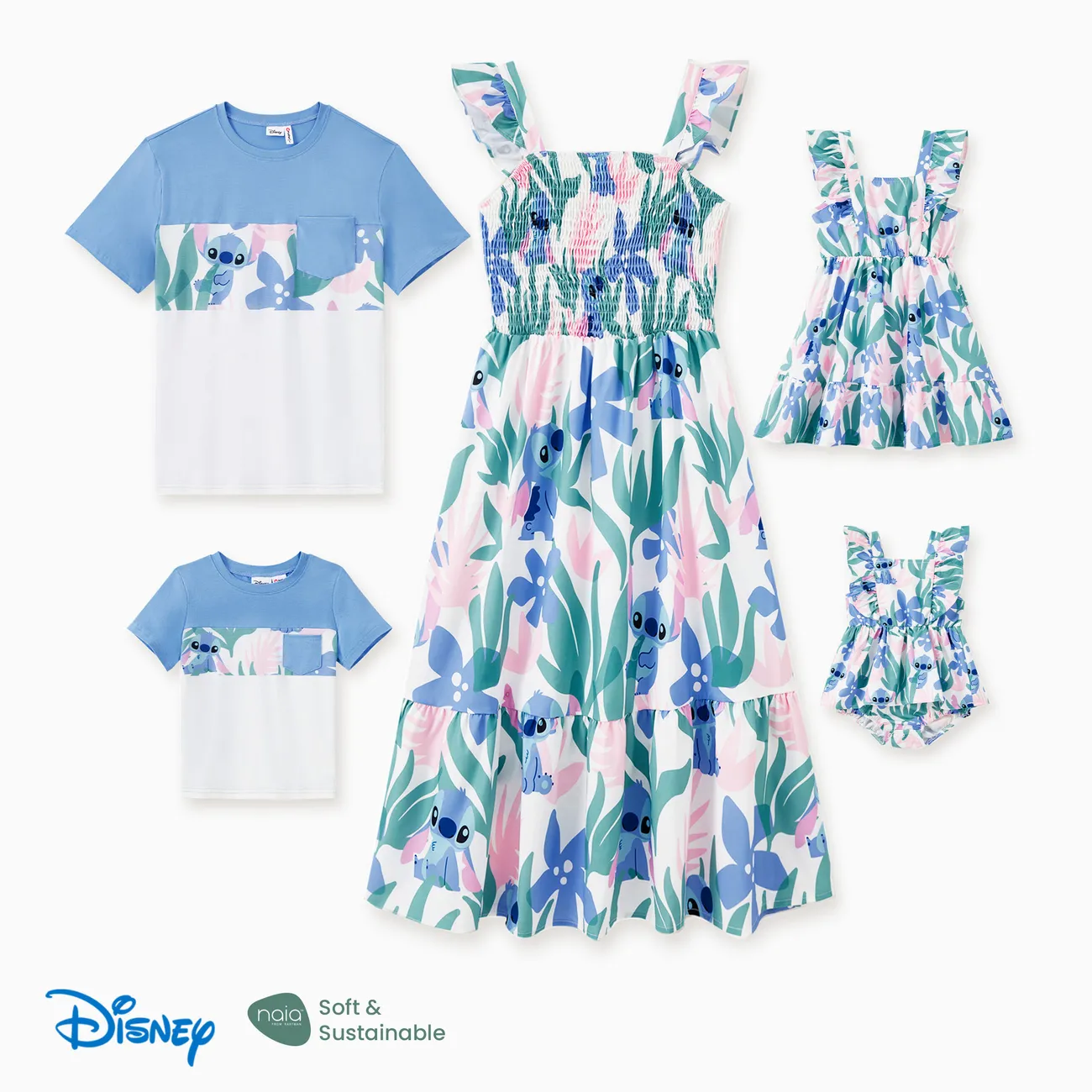Disney Stich Familien-Looks Große Blume Kurzärmelig Familien-Outfits Sets grün big image 1