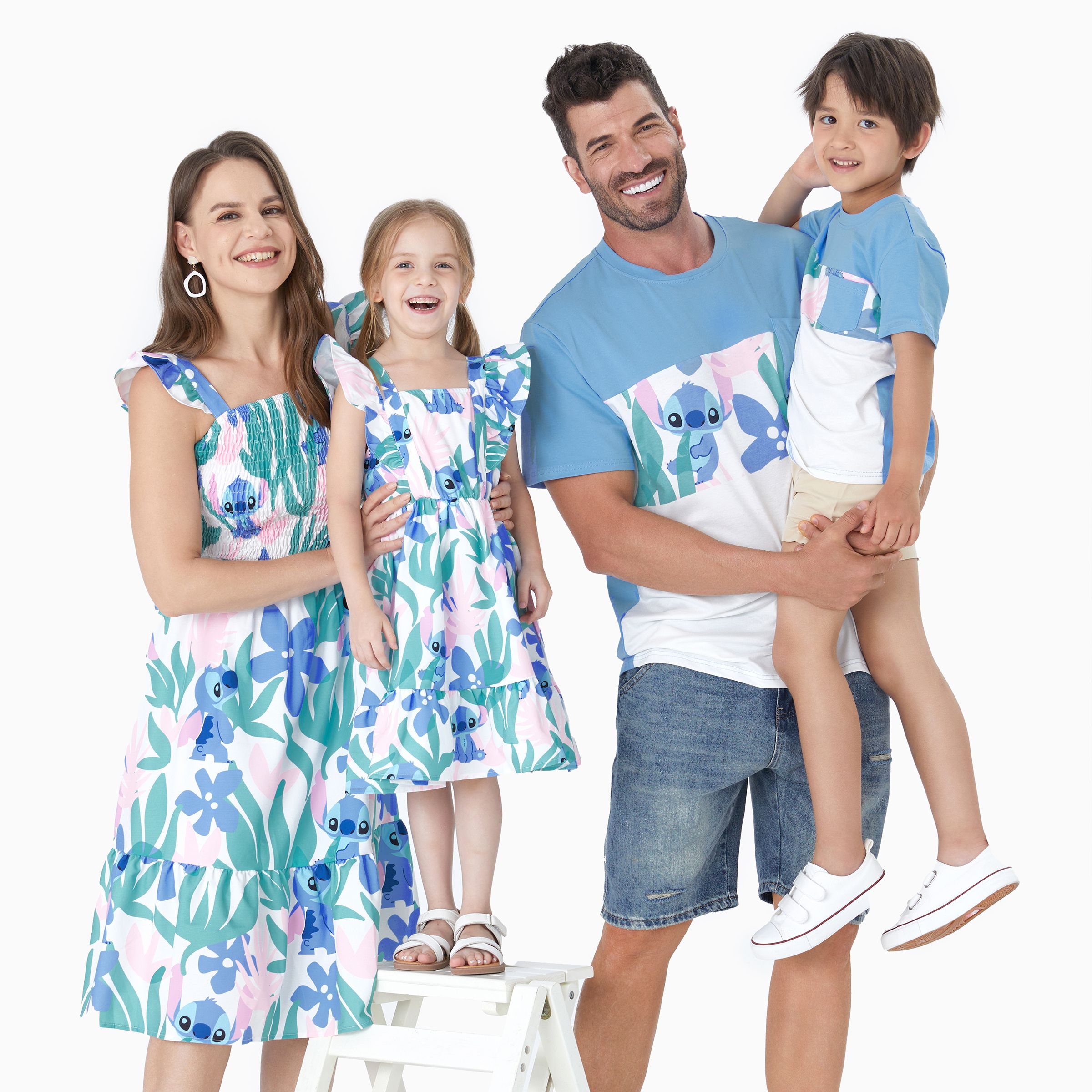 Floral Print Black Family Matching Sets(Ruffle Sleeve Dresses for Mom and Girl;Striped Short Sleeve T-shirts for Dad and Boy)