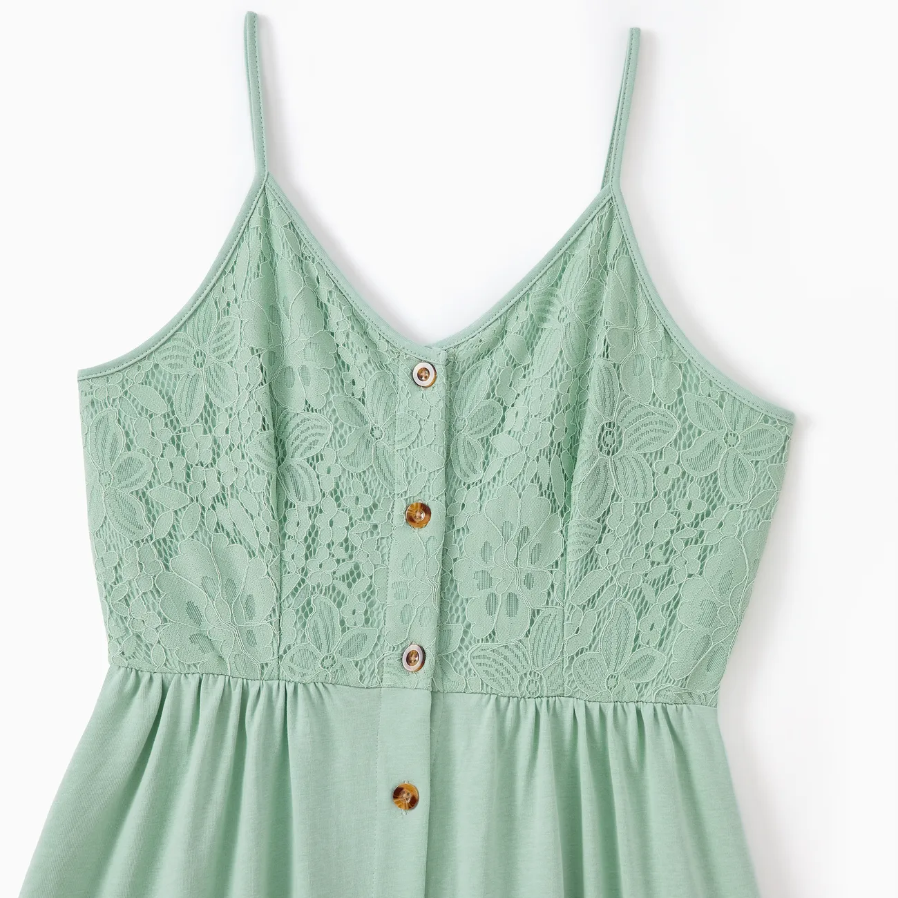 Family Matching Color Block Tank Top and Green Button up Lace Top Strap Dress Sets Blue big image 1