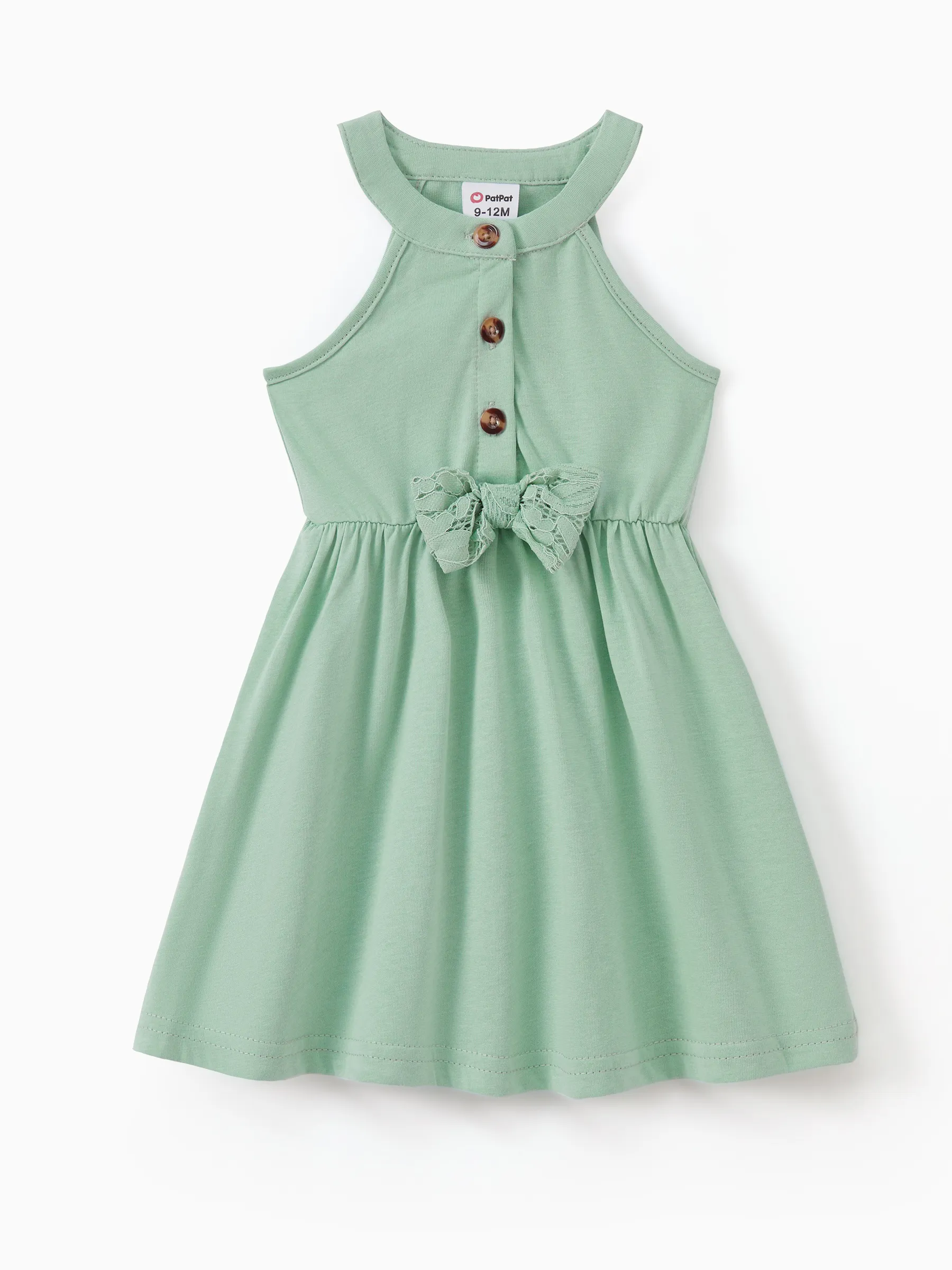 

Family Matching Color Block Tank Top and Green Button up Lace Top Strap Dress Sets