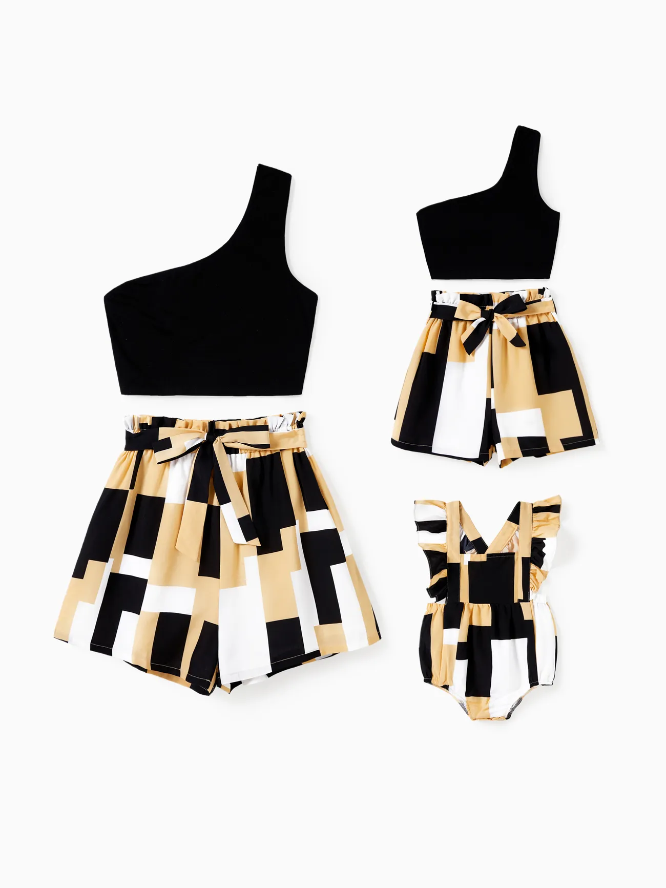 Mommy and Me Matching One Shoulder Top Geometric Pattern Bottom Co-ord Sets Yellow big image 1