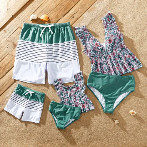 Family Matching Swimsuits Color Block Drawstring Swim Trunks or Floral Top High Waist Bottom Tankini