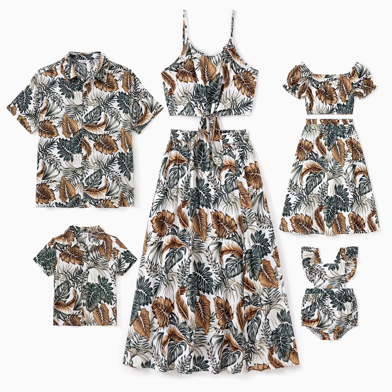 Family Matching Sets Leaf Pattern Beach Shirt or Tie Knot Front Elastic Waist Co-ord Sets White big image 1