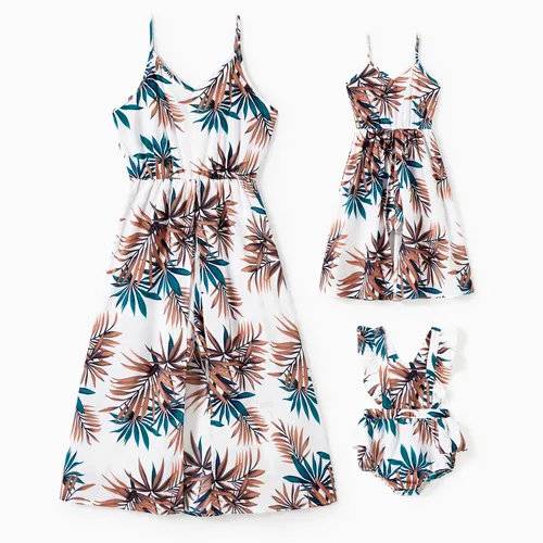 Mommy and Me Matching Leaf Pattern Spaghetti Strap Longline Romper with Skirt