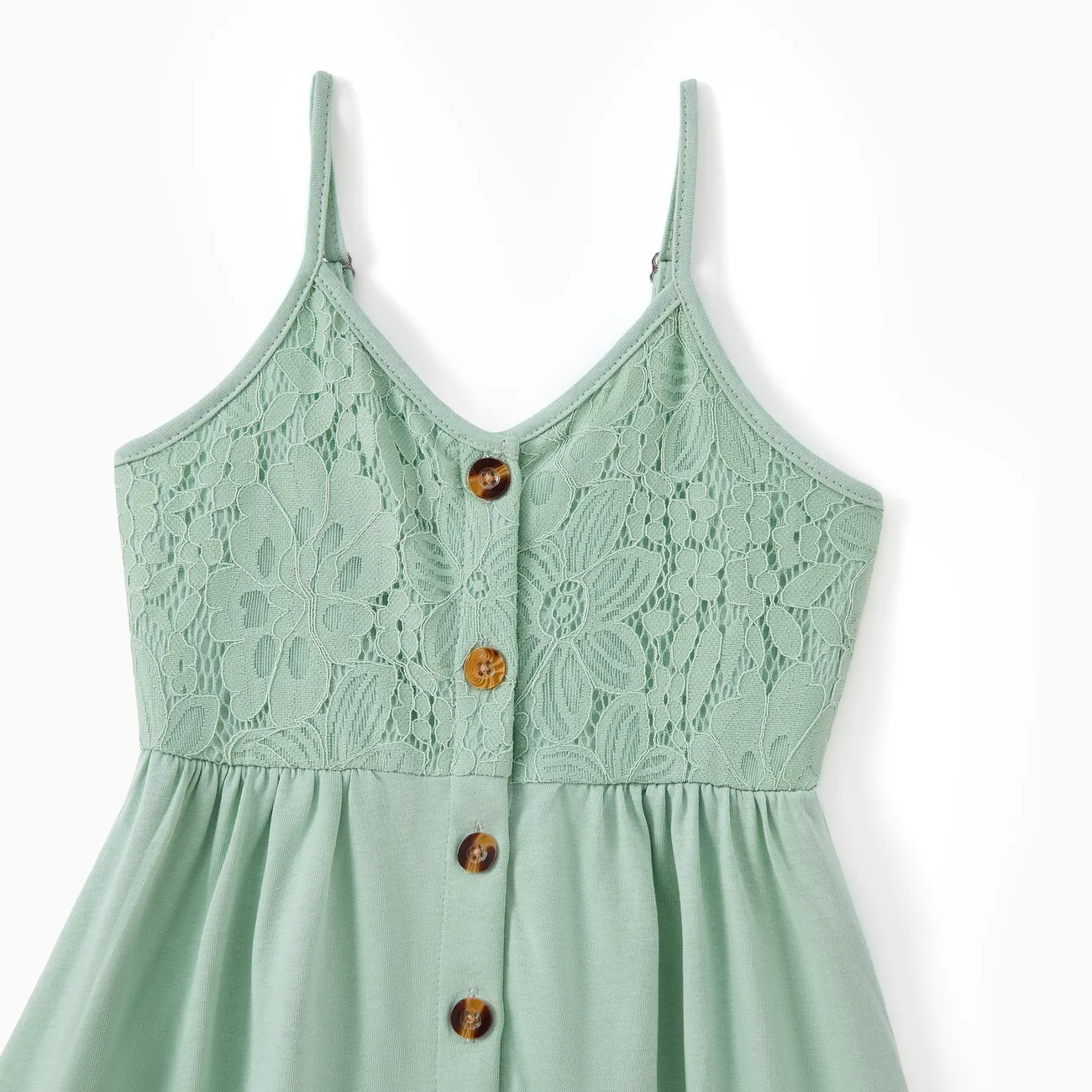 Family Matching Color Block Tank Top and Green Button up Lace Top Strap Dress Sets Blue big image 1