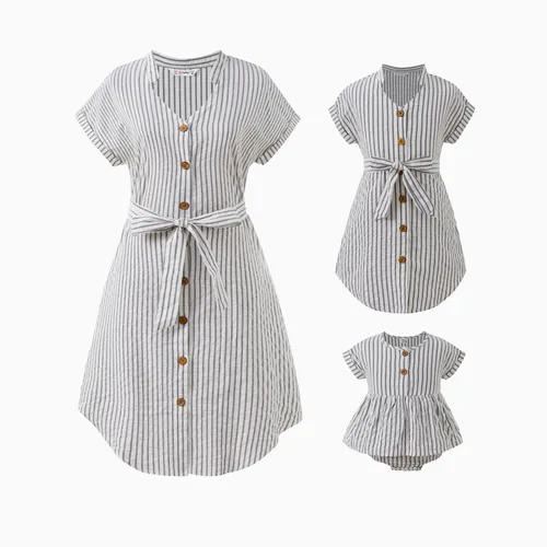  Mommy and Me Matching Vertical Stripe Short Sleeves Cotton Belted Dresses