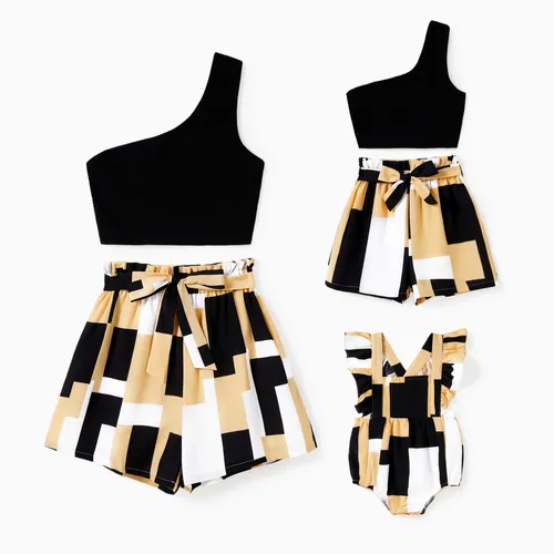 Mommy and Me Matching One Shoulder Top Geometric Pattern Bottom Co-ord Sets